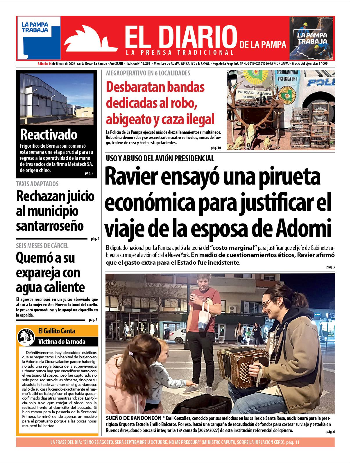 Tapa de El Diario en papel  saacutebado 14 de marzo de 2026